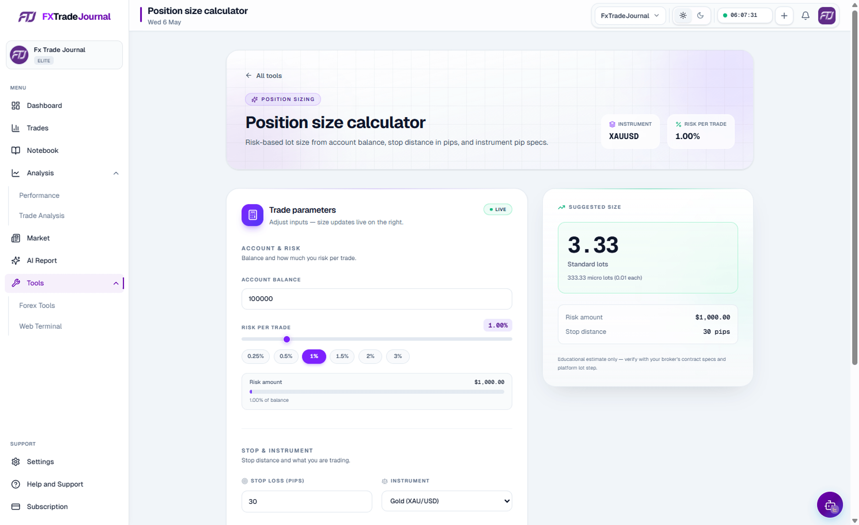 FXTradeJournal position size calculator in light and dark theme